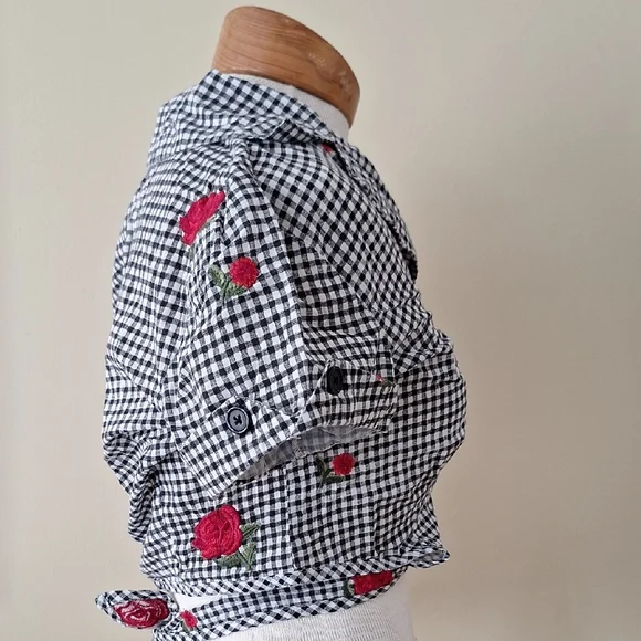 Black and White Gingham Crop Top with Red Rose Embroidery - Picture 6 of 7